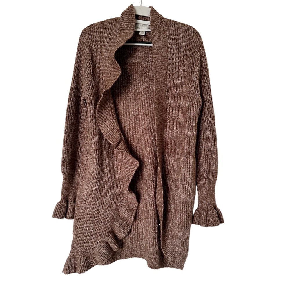 Hinge Women's Knit Blend Ruffle Cardigan Sweater in Taupe Muave Brown Size XS‎